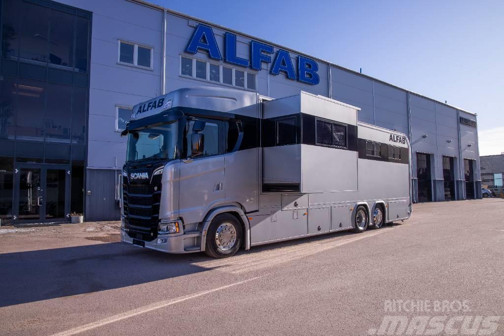 Scania V8 Hästlastbil med uppskjut och utskjut ALFAB Limi Camioane transport animale